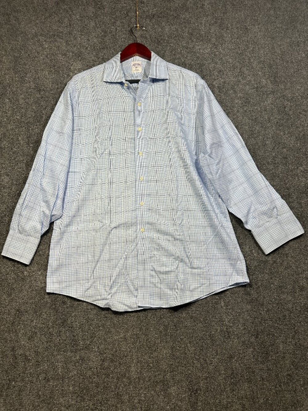 Brooks Brothers 346 Shirt Mens 16.5 Slim Fit Non Iron Blue Plaid Cotton